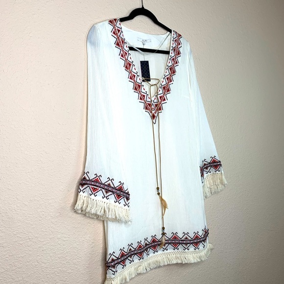 Miss Me Tunic Top Crepe Tassel Tie Strings Embroidered Peasant BOHO Macrame Sz S - Picture 16 of 16